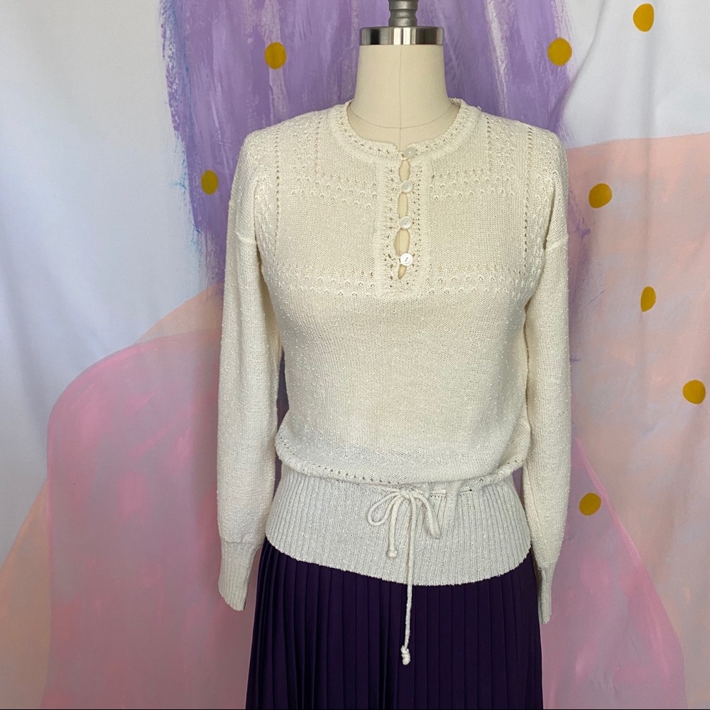 VINTAGE 1970s Cream Polyester Knit Peplum Blouse